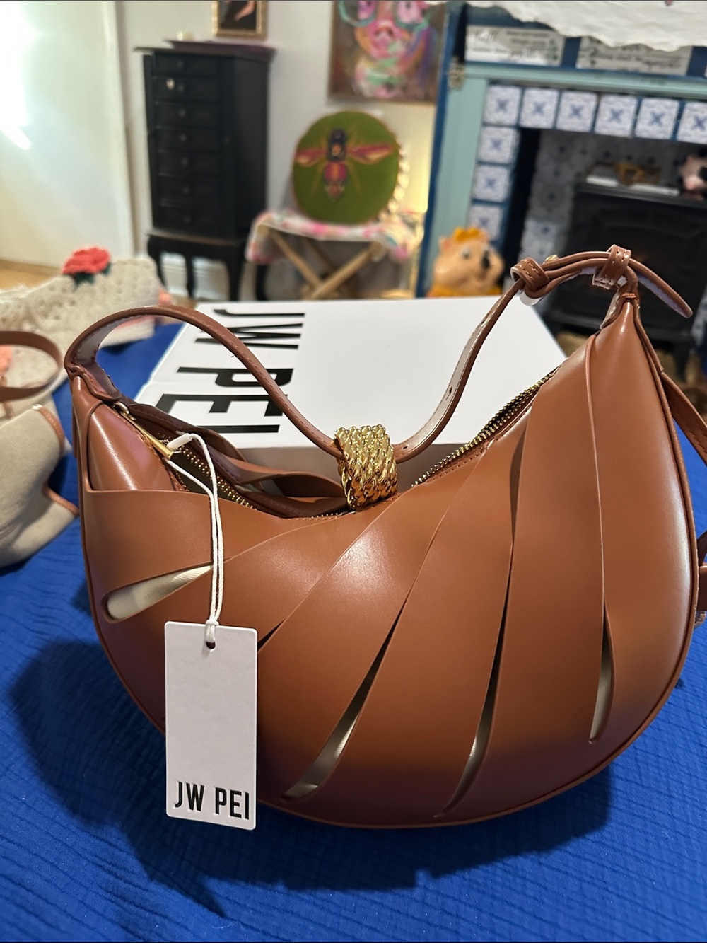 JW PEI Brown Crescent Shoulder Bag with Gold Accent Knot